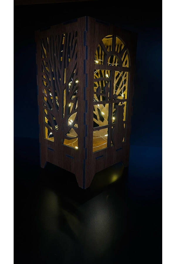 Decorative Wooden Cat Tree Pattern Laser Cut LED Battery Powered Table Lamp Decoration - 3