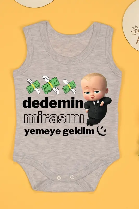 Dedemin Mirasını Yemeye Geldim Baskılı Çıtçıt Body Zıbın - Gri - 1