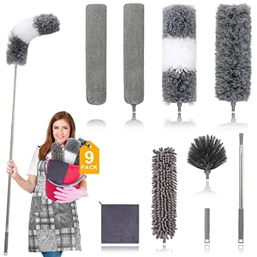 DEEHYO Microfiber Duster for Cleaning Fan, High Ceiling, Blinds, Furniture, Cars, 9PCS Extendable Feather Duster (Stainless Steel) 30 to 100 Inches, Reusable Bendable Washable - Modazone