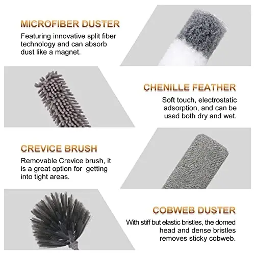DEEHYO Mikrofiber Tozalagich, Ventilyator, Shift, Pardalar, Mebel, Avtomobillarni Tozalash Uchun, 9 Dona Kengaytiriladigan Patli Tozalagich (Zanglamaydigan Po'lat) 30 dan 100 Dyumgacha, Qayta Foydalanish Mumkin, Buklanadigan, Yuviladigan - 3