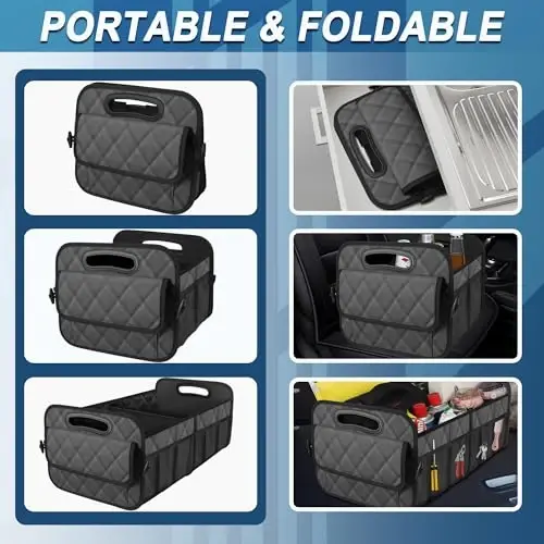 Deelsk Car Trunk Organizer va Storage - 6 ta katta cho'ntak, SUV/Minivan/Yuk mashinalari uchun suv o'tkazmaydigan Polyester Trunk Organizer - Katta, ko'mir - 4