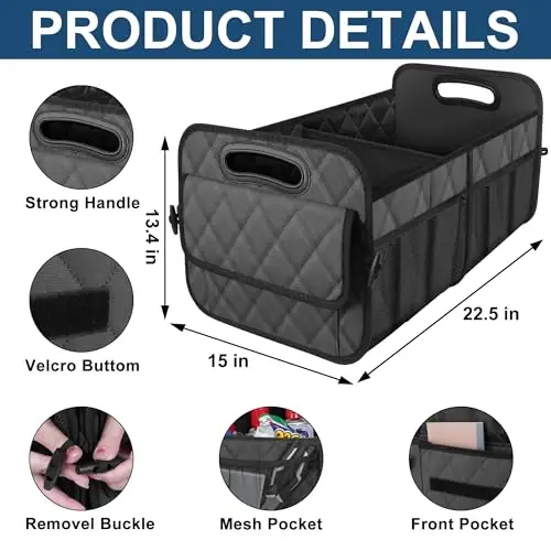 Deelsk Car Trunk Organizer va Storage - 6 ta katta cho'ntak, SUV/Minivan/Yuk mashinalari uchun suv o'tkazmaydigan Polyester Trunk Organizer - Katta, ko'mir - 5
