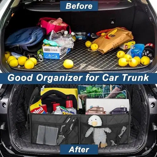 Deelsk Car Trunk Organizer va Storage - 6 ta katta cho'ntak, SUV/Minivan/Yuk mashinalari uchun suv o'tkazmaydigan Polyester Trunk Organizer - Katta, ko'mir - 6