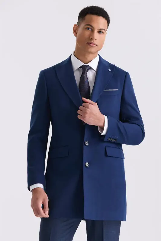 **Deep Navy Blue Slim Fit Notched Lapel Coat** - 1