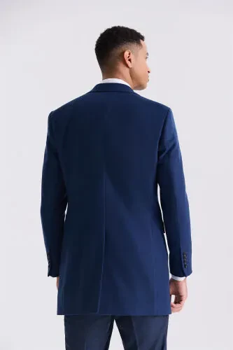 **Deep Navy Blue Slim Fit Notched Lapel Coat** - 4