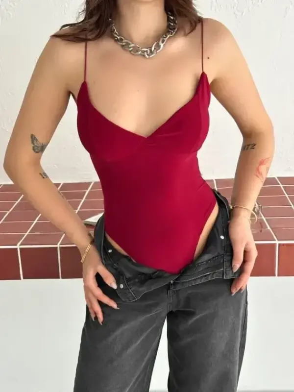 Deep Neckline Spaghetti Strap Bodysuit Backless Elegant Sleeveless Summer Bodysuit - Red - BÜYÜKBEDENIZ