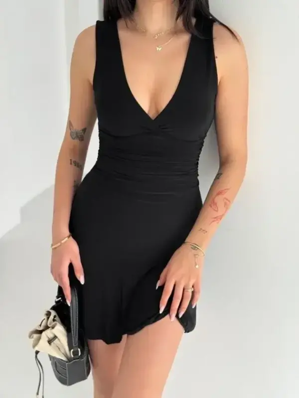 Deep V-Neck Backless Mini Dress Draped Elegant Sleeveless - Black - 1