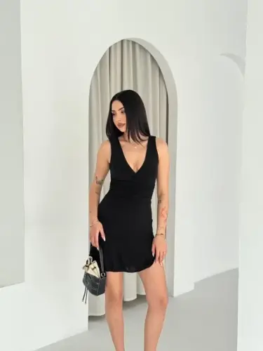 Deep V-Neck Backless Mini Dress Draped Elegant Sleeveless - Black - 3