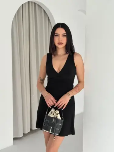 Deep V-Neck Backless Mini Dress Draped Elegant Sleeveless - Black - 4