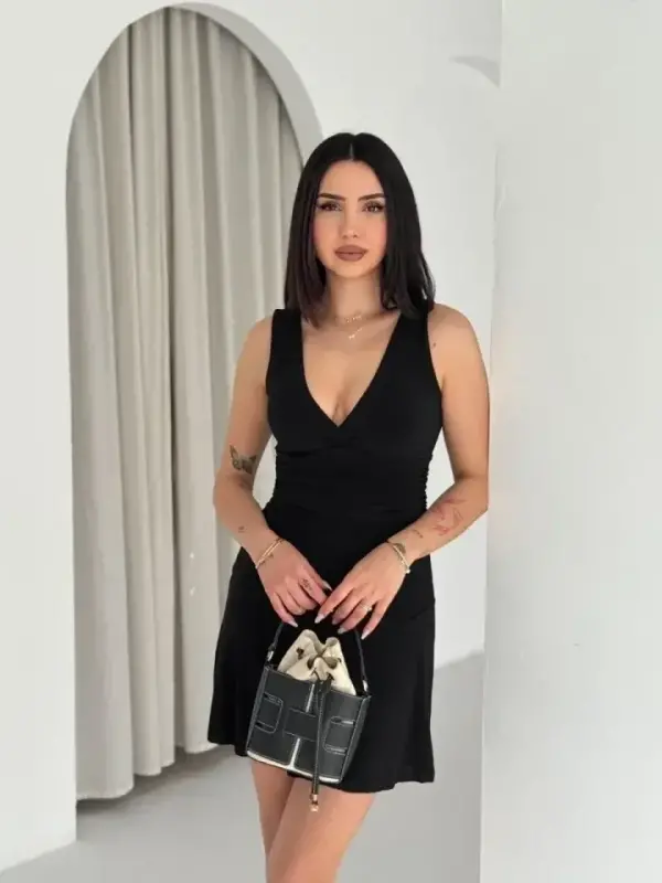 Deep V-Neck Backless Mini Dress Draped Elegant Sleeveless - Black - 4