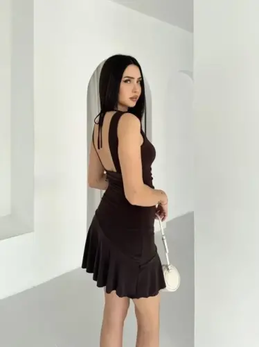 Deep V-Neck Open Back Mini Dress Draped Elegant Sleeveless - Brown - 2