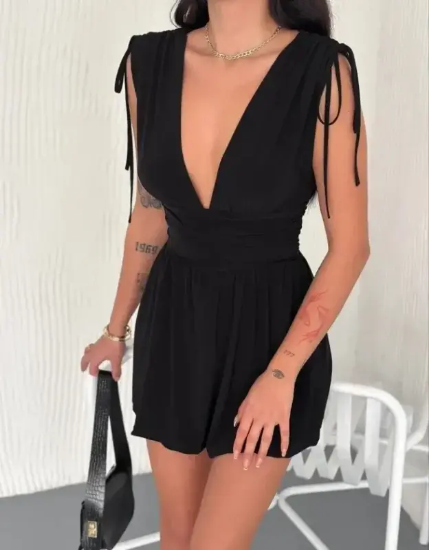Deep V-Neck Skort Dress Draped Mini Summer Dress - Black - 1