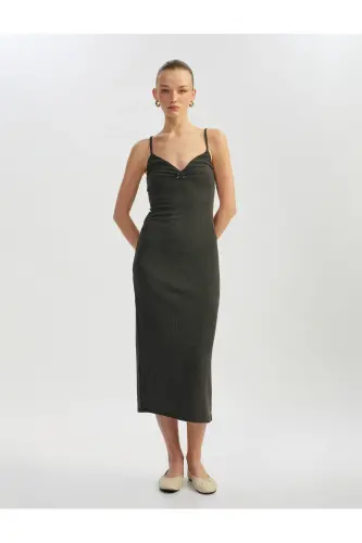 Deep V Neck Slim Fit Midi Thin Strap Pencil Dress - 1