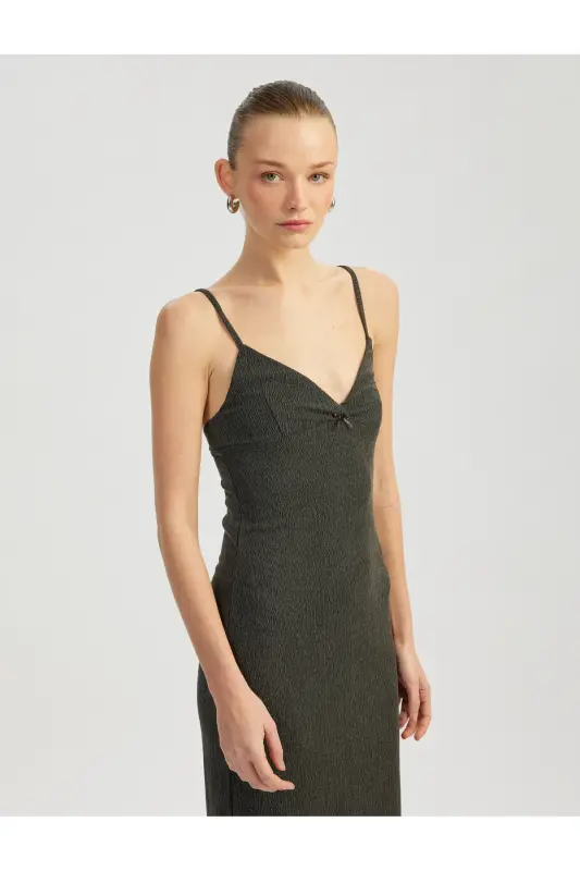 Deep V Neck Slim Fit Midi Thin Strap Pencil Dress - 2