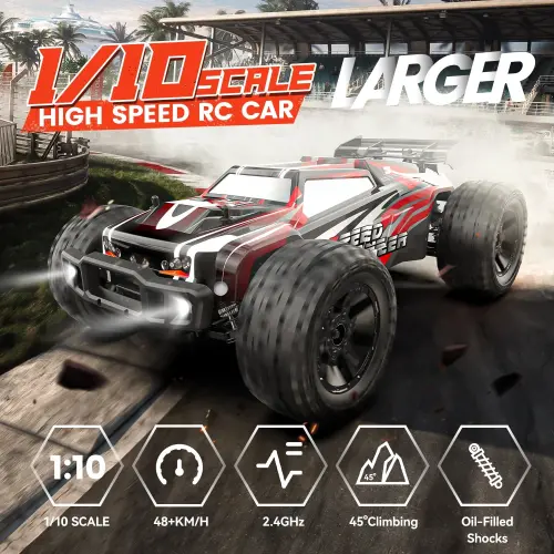 DEERC 9206E 1:10 масштабли RC машиналар, 48+ км/соат юқори тезликдаги хобби даражасидаги пультдан бошқариладиган машина катталар ва ўғил болалар учун, барча ерлар учун 4WD 2.4GHz RC Monster Truck 2 та батарея билан 40+ дақиқа ўйнаш учун - 6