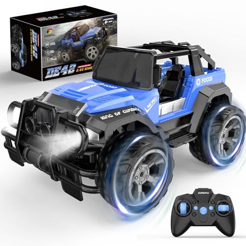 DEERC DE42 Remote Control Car RC Racing Cars, 1:18 Scale 80 Min Play 2.4Ghz LED Light Auto Mode Off Road RC Trucks with Storage Case, All Terrain SUV Cars Toys Gifts for Boys Kids Girls Teens, Blue - 1