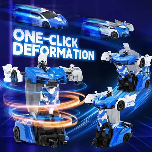 DEERC Transform Remote Control Car, 2.4GHz Robot RC Cars, 1:18 Scale Police Car Toy One-Button Deformation & 360° Rotating Drifting for Kids Boys Age 4-7 8-12 - 1