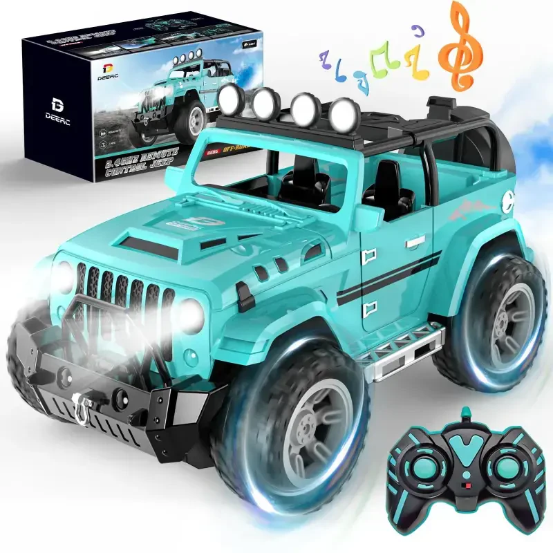 DEERC Remote Control Car with Fog Mist & Music, 1:16 Remote Control Truck for Boys, 2.4Ghz RC Car Toy with 2 Batteries, All Terrain SUV Gifts Crawler with Trailer Hitch - 6