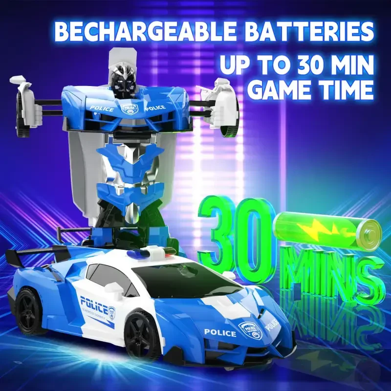 DEERC Transform Remote Control Car, 2.4GHz Robot RC Cars, 1:18 Scale Police Car Toy One-Button Deformation & 360° Rotating Drifting for Kids Boys Age 4-7 8-12 - 5