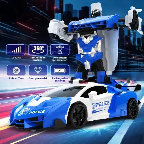 DEERC Transform Uzoqdan Boshqariladigan Mashina, 2.4GHz Robot RC Mashinalar, 1:18 Masshtabli Milisiya Mashinasi O'yinchoq, Bitta Tugma Bilan Transformatsiya & 360° Aylanuvchi Drift 4-7 va 8-12 yoshli Bolalar Uchun - 6