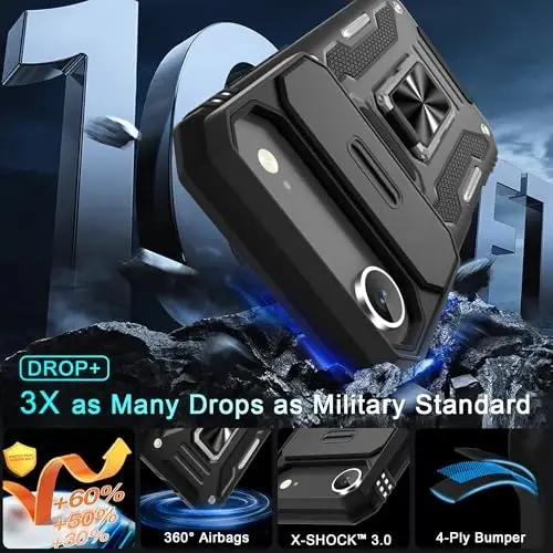 DEERLAMN Case for iPhone Air 6.5-Inch with Slide Camera Cover+Screen Protector(2 Packs), Rotated Ring Kickstand Military Grade Shockproof Protective Cover-Black - 3