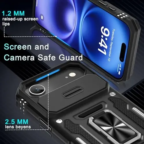 DEERLAMN Case for iPhone Air 6.5-Inch with Slide Camera Cover+Screen Protector(2 Packs), Rotated Ring Kickstand Military Grade Shockproof Protective Cover-Black - 5