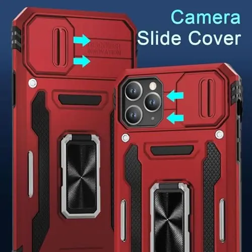 DEERLAMN Case for iPhone 11 Pro with Slide Camera Cover+Screen Protector (1 Pack), Rotated Ring Kickstand Military Grade Shockproof Protective Cover-Red - 2