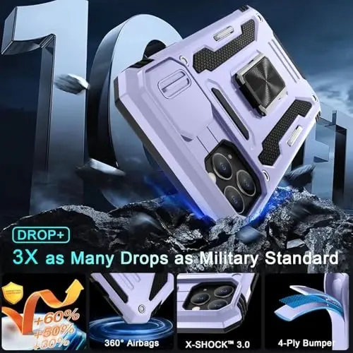 DEERLAMN Case for iPhone 11 Pro with Slide Camera Cover+Screen Protector (1 Pack), Rotated Ring Kickstand Military Grade Shockproof Protective Cover-Light Purple - 3