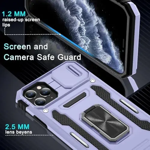 DEERLAMN Case for iPhone 11 Pro with Slide Camera Cover+Screen Protector (1 Pack), Rotated Ring Kickstand Military Grade Shockproof Protective Cover-Light Purple - 5