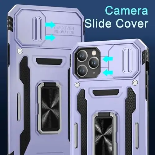 DEERLAMN Case for iPhone 11 Pro with Slide Camera Cover+Screen Protector (1 Pack), Rotated Ring Kickstand Military Grade Shockproof Protective Cover-Light Purple - DEERLAMN (1)