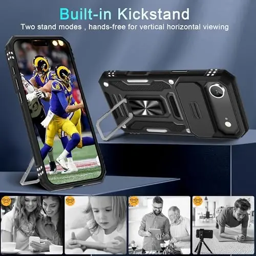 DEERLAMN Case for iPhone Air 6.5-Inch with Slide Camera Cover+Screen Protector(2 Packs), Rotated Ring Kickstand Military Grade Shockproof Protective Cover-Black - 4