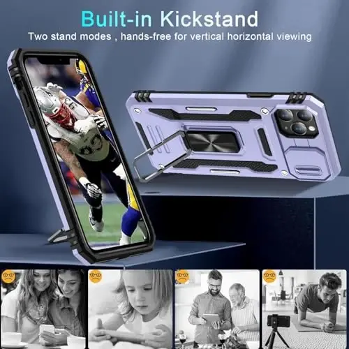 DEERLAMN Case for iPhone 11 Pro with Slide Camera Cover+Screen Protector (1 Pack), Rotated Ring Kickstand Military Grade Shockproof Protective Cover-Light Purple - 4