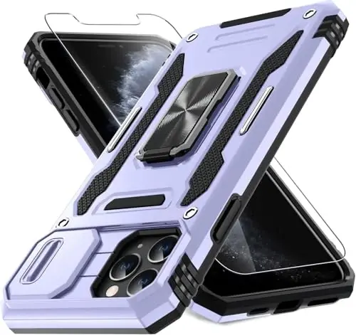 DEERLAMN Case for iPhone 11 Pro with Slide Camera Cover+Screen Protector (1 Pack), Rotated Ring Kickstand Military Grade Shockproof Protective Cover-Light Purple - DEERLAMN