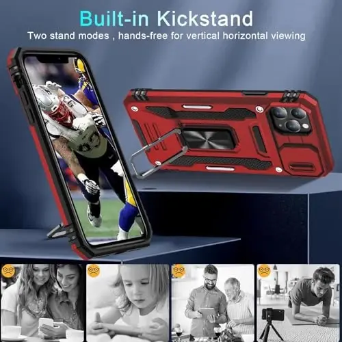 DEERLAMN Case for iPhone 11 Pro with Slide Camera Cover+Screen Protector (1 Pack), Rotated Ring Kickstand Military Grade Shockproof Protective Cover-Red - 4