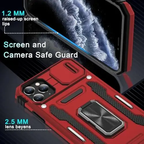 DEERLAMN Case for iPhone 11 Pro with Slide Camera Cover+Screen Protector (1 Pack), Rotated Ring Kickstand Military Grade Shockproof Protective Cover-Red - 5