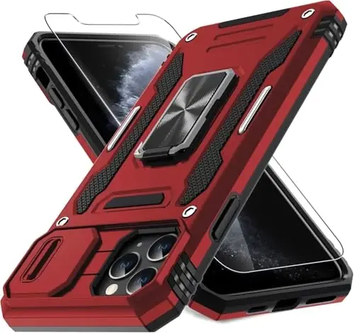 DEERLAMN Case for iPhone 11 Pro with Slide Camera Cover+Screen Protector (1 Pack), Rotated Ring Kickstand Military Grade Shockproof Protective Cover-Red - DEERLAMN