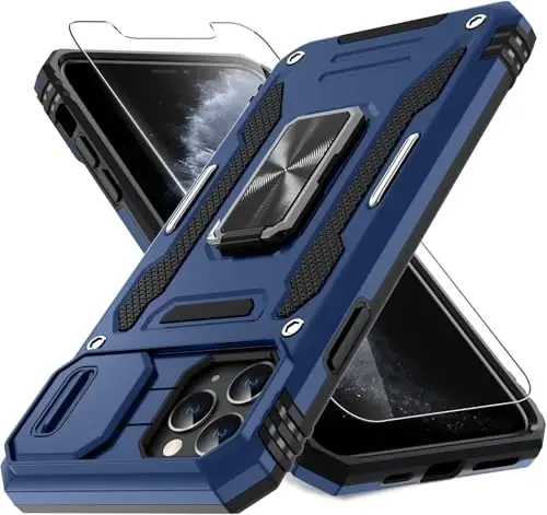 DEERLAMN Case for iPhone 11 Pro with Slide Camera Cover+Screen Protector (1 Pack), Rotated Ring Kickstand Military Grade Shockproof Protective Cover-Navy Blue - 1