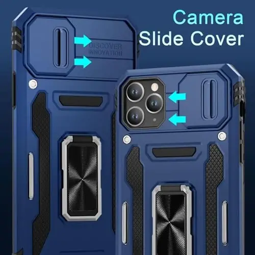 DEERLAMN Case for iPhone 11 Pro with Slide Camera Cover+Screen Protector (1 Pack), Rotated Ring Kickstand Military Grade Shockproof Protective Cover-Navy Blue - 2