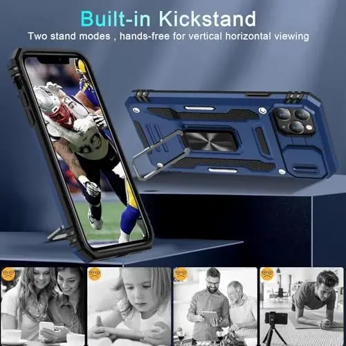 DEERLAMN Case for iPhone 11 Pro with Slide Camera Cover+Screen Protector (1 Pack), Rotated Ring Kickstand Military Grade Shockproof Protective Cover-Navy Blue - 4