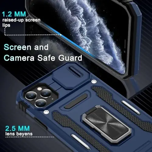 DEERLAMN Case for iPhone 11 Pro with Slide Camera Cover+Screen Protector (1 Pack), Rotated Ring Kickstand Military Grade Shockproof Protective Cover-Navy Blue - 5