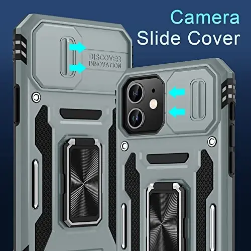 DEERLAMN Case for iPhone 11 with Slide Camera Cover+Screen Protector(2 Packs),Rotated Ring Kickstand Military Grade Shockproof Protective Cover-Grey - 2