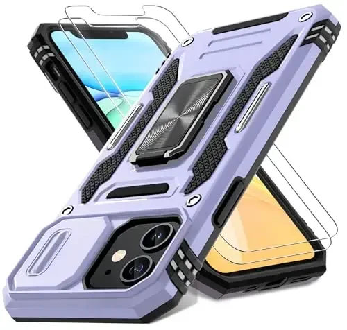 DEERLAMN Case for iPhone 11 with Slide Camera Cover+Screen Protector(2 Packs),Rotated Ring Kickstand Military Grade Shockproof Protective Cover-Light Purple - DEERLAMN