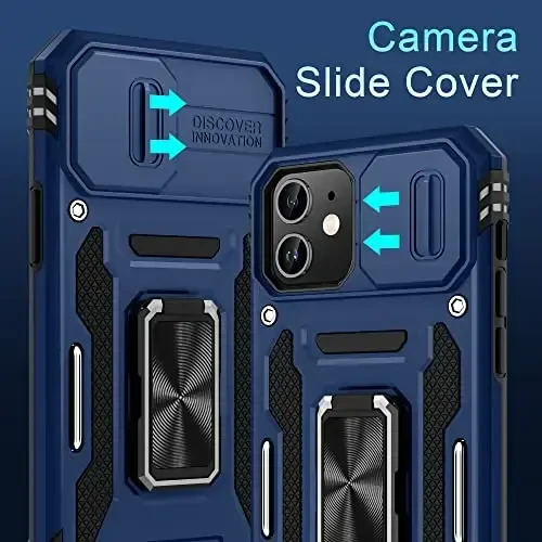 DEERLAMN Case for iPhone 11 with Slide Camera Cover+Screen Protector(2 Packs),Rotated Ring Kickstand Military Grade Shockproof Protective Cover-Navy Blue - 2