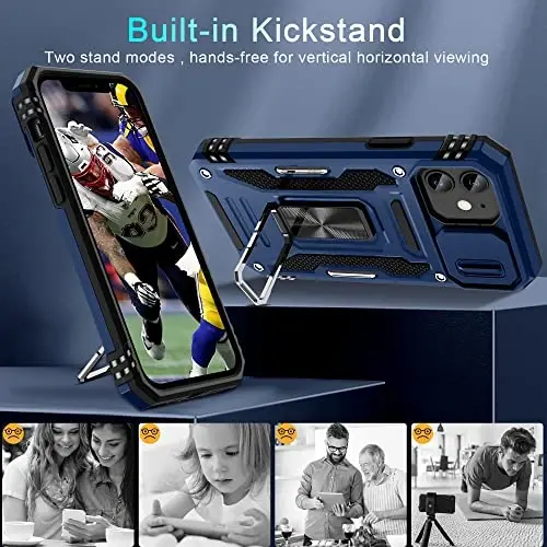 DEERLAMN Case for iPhone 11 with Slide Camera Cover+Screen Protector(2 Packs),Rotated Ring Kickstand Military Grade Shockproof Protective Cover-Navy Blue - 4