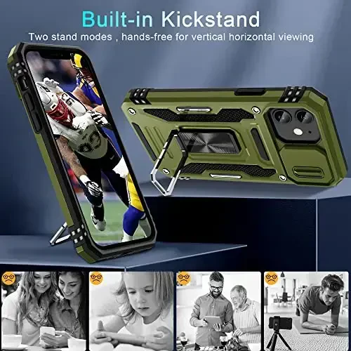 DEERLAMN Case for iPhone 11 with Slide Camera Cover+Screen Protector(2 Packs),Rotated Ring Kickstand Military Grade Shockproof Protective Cover-Olive Green - 4