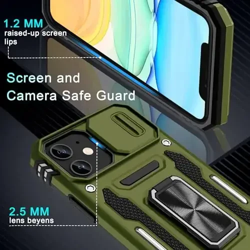 DEERLAMN Case for iPhone 11 with Slide Camera Cover+Screen Protector(2 Packs),Rotated Ring Kickstand Military Grade Shockproof Protective Cover-Olive Green - 5