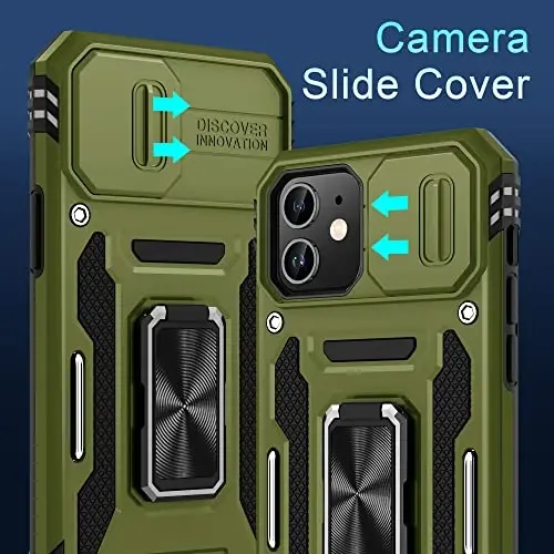DEERLAMN Case for iPhone 11 with Slide Camera Cover+Screen Protector(2 Packs),Rotated Ring Kickstand Military Grade Shockproof Protective Cover-Olive Green - 2