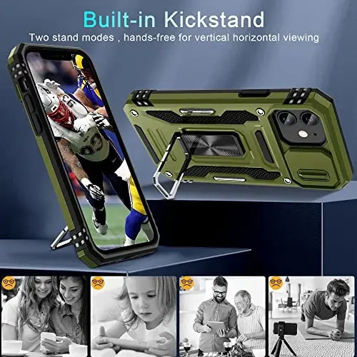 DEERLAMN Case for iPhone 11 with Slide Camera Cover+Screen Protector(2 Packs),Rotated Ring Kickstand Military Grade Shockproof Protective Cover-Olive Green - 4