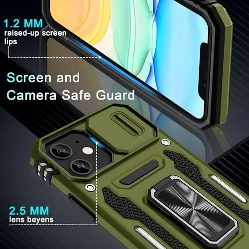 DEERLAMN Case for iPhone 11 with Slide Camera Cover+Screen Protector(2 Packs),Rotated Ring Kickstand Military Grade Shockproof Protective Cover-Olive Green - 5