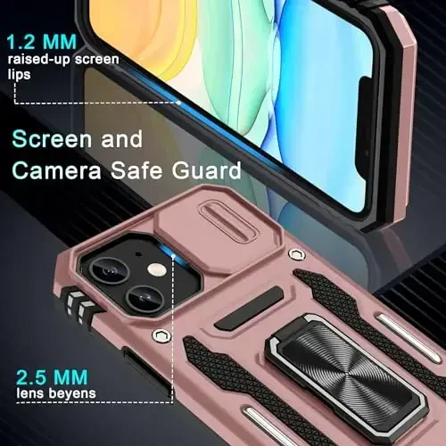 DEERLAMN Case for iPhone 11 with Slide Camera Cover+Screen Protector(2 Packs),Rotated Ring Kickstand Military Grade Shockproof Protective Cover-Rose Gold - 5